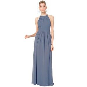 Bill Levkoff Slate Blue High Neck Chiffon Open Back Maxi Bridesmaid Dress, 8